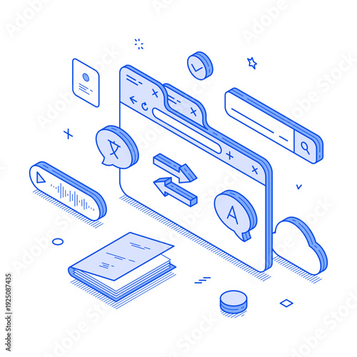 A sleek, isometric vector illustration showcasing a modern language translation interface with interactive elements, perfect for tech-related infographics and business presentations
