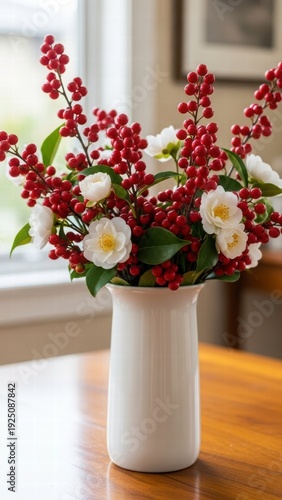Elegant Floral Arrangement: A serene display of vibrant red berries and pristine white camellias, delicately arranged in a classic white vase.
