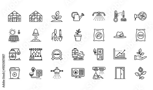 Greenhouse Agriculture Thin Line Icons – Pixel Perfect 30px Editable Stroke Sustainable Farming Vector Set