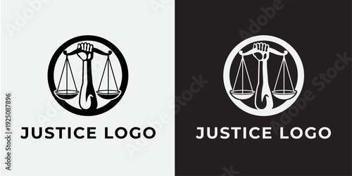 Scales Of Justice In Hand Logo Vector Illustration, Black and White Legal Law Firm Badge Design Template Brand Identity