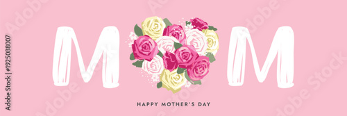 Mom Day, happy Mother's Day,  horizontal banner, on isolated white background,  heart shape artistic drawn roses, template vector 