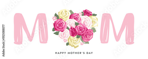 Mom Day horizontal banner, on isolated white background,  heart shape artistic drawn roses, template vector illustration