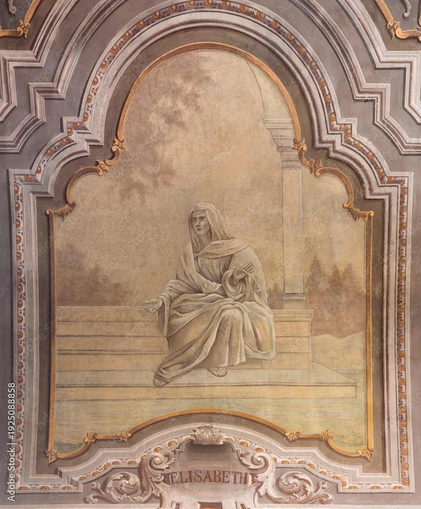 Obraz premium NOVARA, ITALY - JANUARY 15, 2026: The fresco of Elizabeth mother of St. John the Baptist in the church Chiesa di San Giovanni Decolato by Paolo Giovanni Crida (1958).