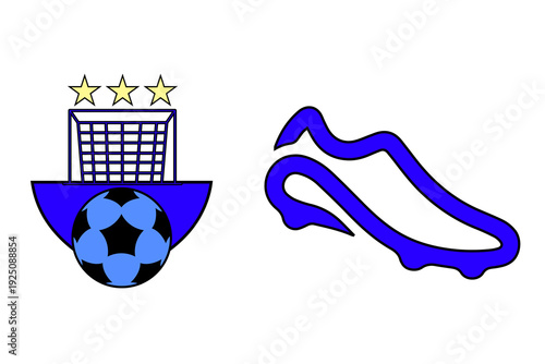 Soccer and football sport vector icon set. Includes a soccer ball, goal, three stars, and a soccer cleat. Created in a flat outline style with a blue and black color palette.