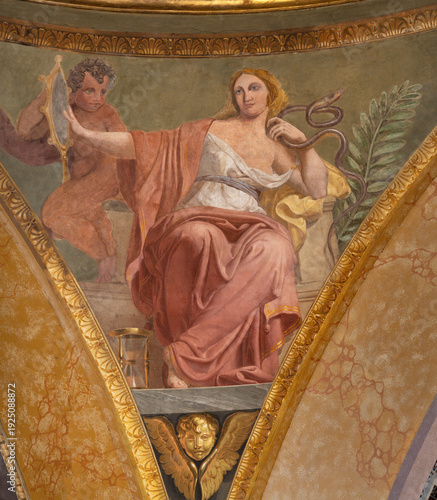 Принти на полотні NOVARA, ITALY - JANUARY 15, 2026: The fresco of Prudence (cardinal virtue) from cupola of the church Cattedrale di Santa Maria Assunta by Carlo Bazzi (1875 – 1947)
