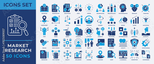Market Research Icon Set Vector Illustration. With  market, research, analytics, audit, growth, location, pricing, target, segmentation and more icon. Icon Collection Set Flat Blue Style. 