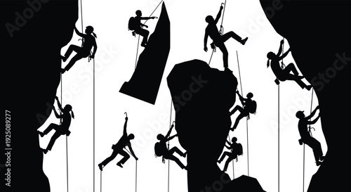 Collection of rock climber silhouettes rappelling and ascending steep cliff faces, extreme mountaineering adventure sport concept isolated on white background illustration