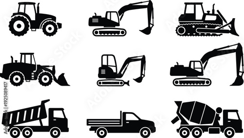 Construction vehicle silhouettes set including excavator, bulldozer, tractor, dump truck and cement mixer, heavy machinery equipment isolated on white background illustration