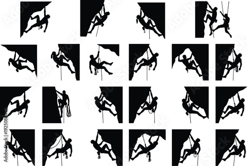 Collection of rock climber silhouettes on steep cliff overhangs, extreme mountaineering and rappelling adventure sport set isolated on white background illustration