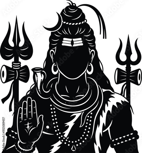 Lord Shiva Blessing Pose Illustration with Crescent Moon, Third Eye, Snake Around Neck, Trishula and Damaru, Rudraksha Beads, Abhaya Mudra Gesture, and Sacred Hindu Artwork Design