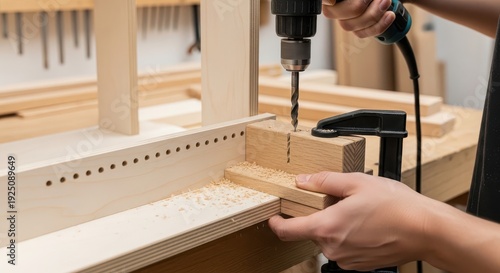 Crafting precision with a drill press on wooden planks for furniture making.