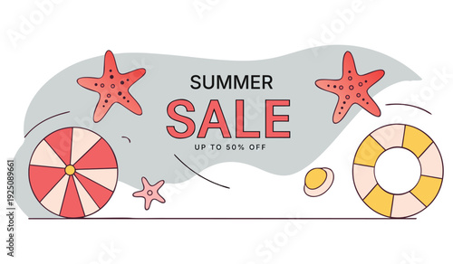 Summer sale banner illustration with beach elements and discounts up to 50 percent vector