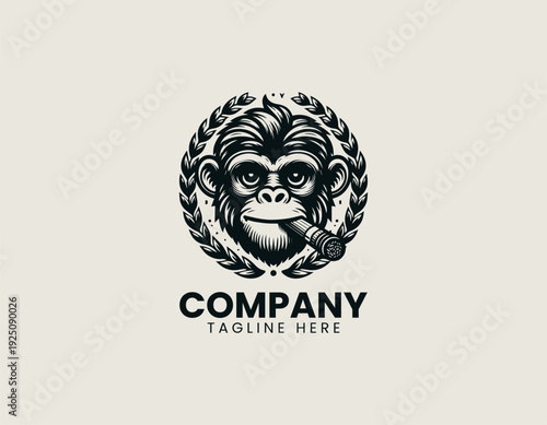 monkey with laurel wreath and cigar is presented as bold monochrome vector logo on clean white background