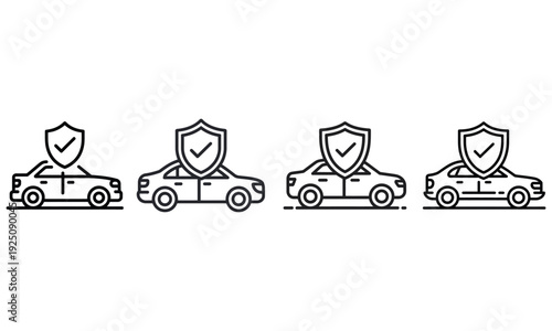 Car insurance protection icons with shield and vehicle line style set