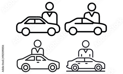 Car sharing and transportation service line icons with driver and vehicle symbols