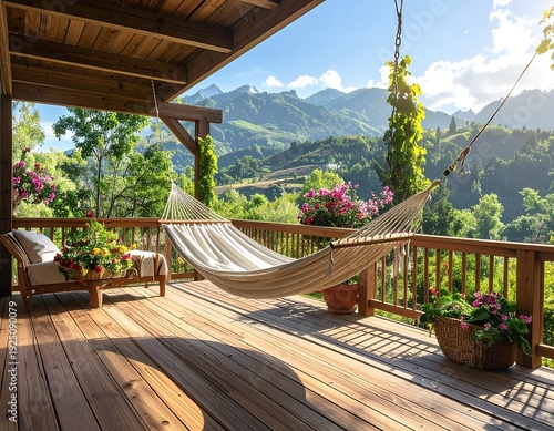 A serene porch with a hammock overlooking mountains