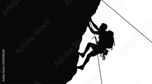 Silhouette rock climber ascending steep cliff face with rope and harness, extreme mountaineering adventure sport concept isolated on white background illustration