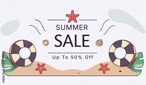 Summer sale promotion banner illustration with beach accessories and up to 50 percent off vector