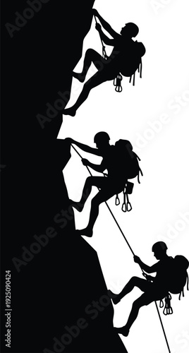 Silhouette rock climbers ascending steep cliff face with ropes and gear, extreme mountaineering adventure team climbing vertical wall isolated on white background illustration
