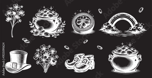 leprechaun set vector. St Patrick's Leprechaun Sketch Set on Black Background with Chalk