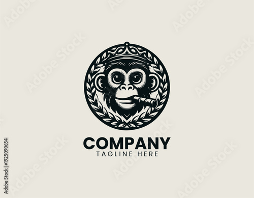 Stylized monkey with laurel wreath and cigar is presented as bold monochrome vector logo on clean white background