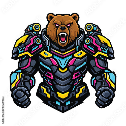 Futuristic Armored Bear Mascot Esports Logo Neon Cyberpunk Vector Illustration