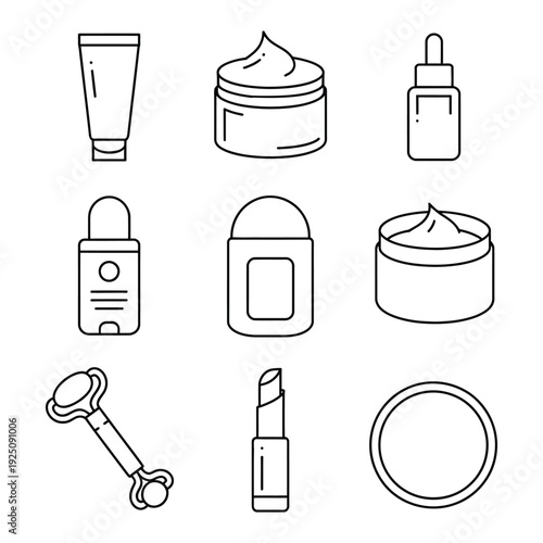 skincare essentials line icons set showing facial cleanser toner and vitamin c serum for professional hierarchy.