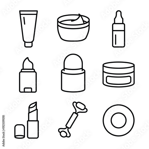 skincare essentials line icons set showing facial cleanser toner and vitamin c serum for professional hierarchy.