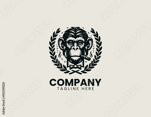 Stylized monkey with laurel wreath and cigar is presented as bold monochrome vector logo on clean white background