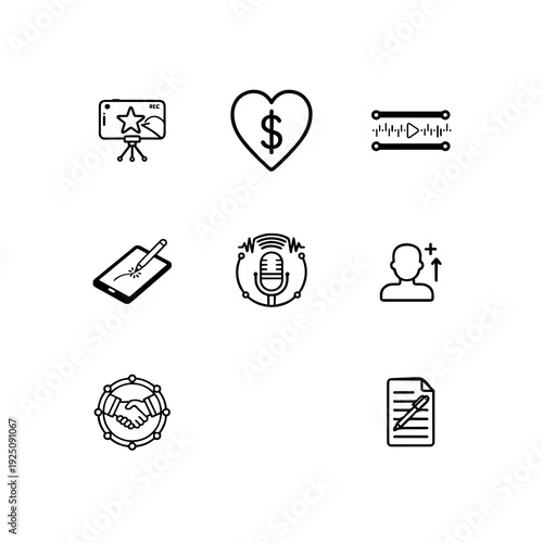 Creative economy and content creation linear icon set, digital storytelling, video production and influencer marketing vector symbols
