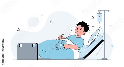 Sick child in hospital bed with IV drip and teddy bear, recovery concept illustration