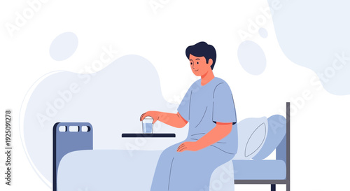 Sick patient in hospital bed holding glass of water, recovery concept