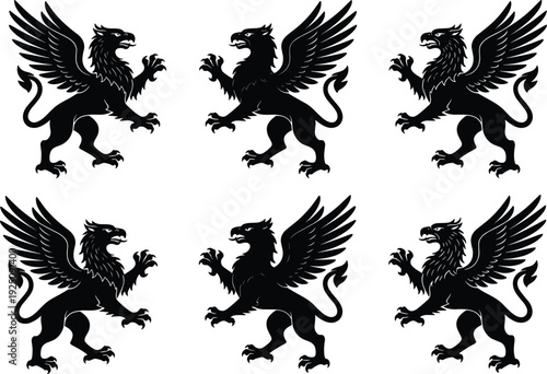 Black Griffin Silhouette Icon Set Featuring Mythical Creature Poses With Eagle Heads And Lion Bodies For Heraldry Fantasy Folklore Mythology Mascot And Creative Logo Design
