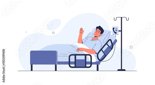 Patient Waving Hand While Lying in Hospital Bed with IV Drip