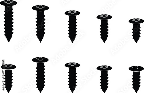 Black Screw and Bolt Silhouette Icon Set Featuring Various Sizes for Hardware Construction Industrial Tools DIY Home Repair Carpentry Engineering and Metal Fastener Design