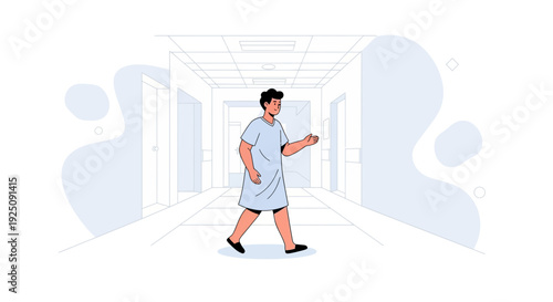 Patient walking down hospital corridor in gown, illustration