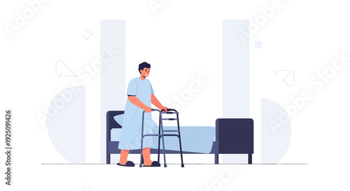 Patient with walker recovering in hospital room next to bed