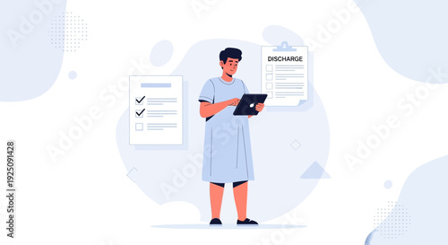 Patient With Tablet Near Discharge Paperwork in Hospital