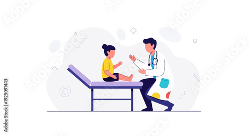 Pediatrician examining a child on an examination bed, illustration, medical checkup