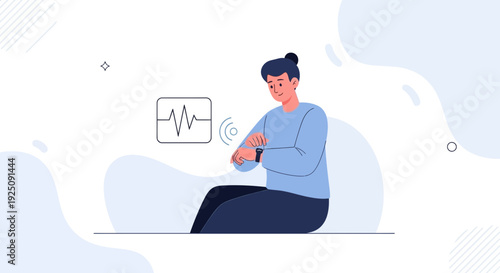 Person checking smartwatch with heart rate monitor icon and wifi signal
