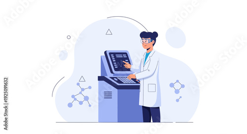 Scientist in Lab Coat Operating Advanced Technology with Molecular Structures