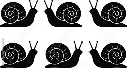 Black Snail Silhouette Icon Set Featuring Gastropod Mollusk Shapes Shell Spirals Slime Trails And Slow Movement Symbols For Nature Wildlife Garden And Biology Design
