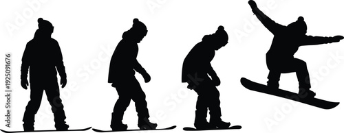 Black Snowboarder Silhouettes Set Featuring Winter Athletes in Various Poses Including Jumping and Riding Isolated on White Background for Extreme Sports Graphic Design Illustrations