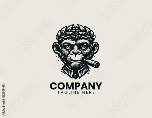 Stylized monkey with laurel wreath and cigar is presented as bold monochrome vector logo on clean white background