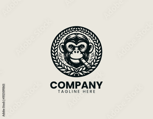 Stylized monkey with laurel wreath and cigar is presented as bold monochrome vector logo on clean white background