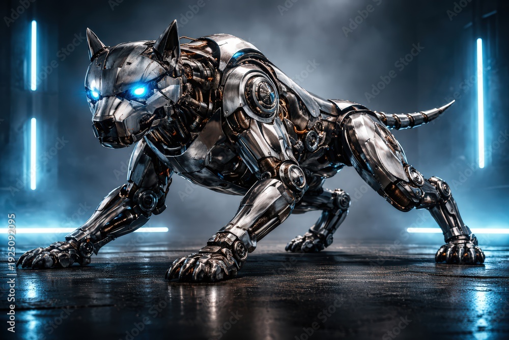 Fototapeta premium Futuristic Cybernetic Dog Robot with Glowing Blue Eyes in a Dark Sci-Fi Setting