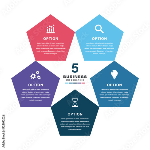 Circular 5 Pentagon Business Infographic Diagram with Central Hub, Icons, and Color Segments for Workflow, Strategy, and Presentation Design