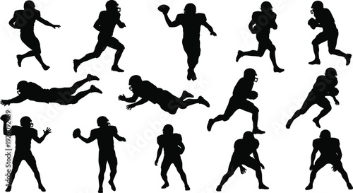 Large collection of American football player silhouettes in various action poses including running tackling passing and catching for sports team branding or competition design projects