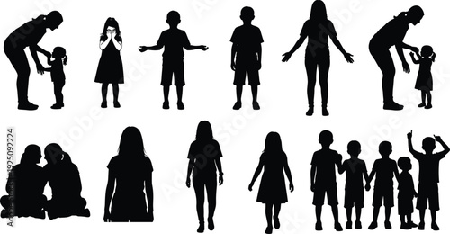 Large collection of diverse children and family silhouettes including kids playing walking and parents interacting for youth community education and childhood development design projects