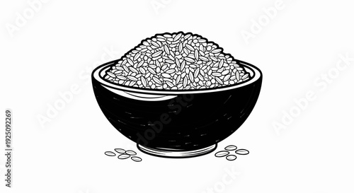 A black bowl overflowing with rice, with scattered grains on the side